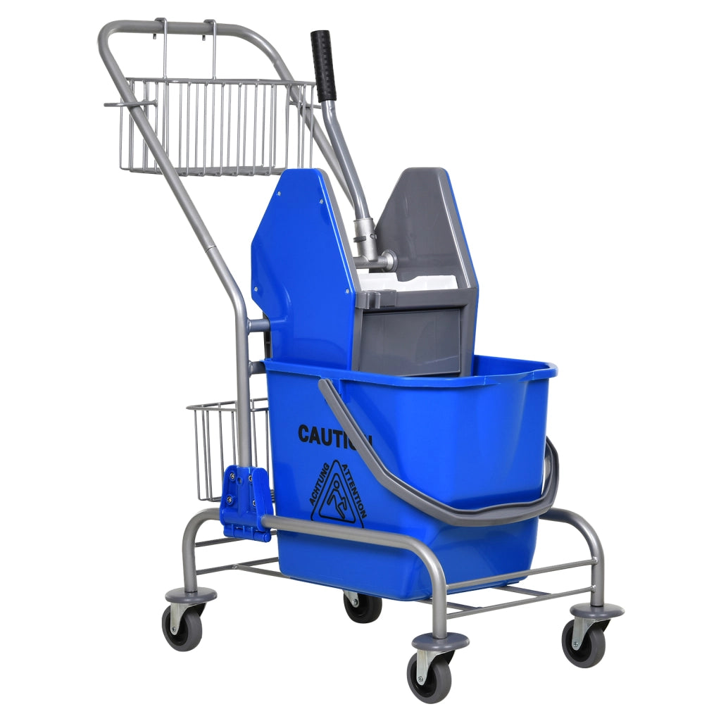Carrello delle Pulizie Professionale con Secchio da 26L Strizzatore e Cestini a Rete Blu