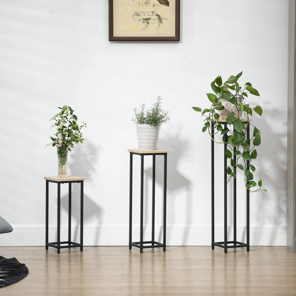 Set di 3 supporti per piante, sgabello e portavaso in acciaio, nero e naturale, per giardino e balcone.