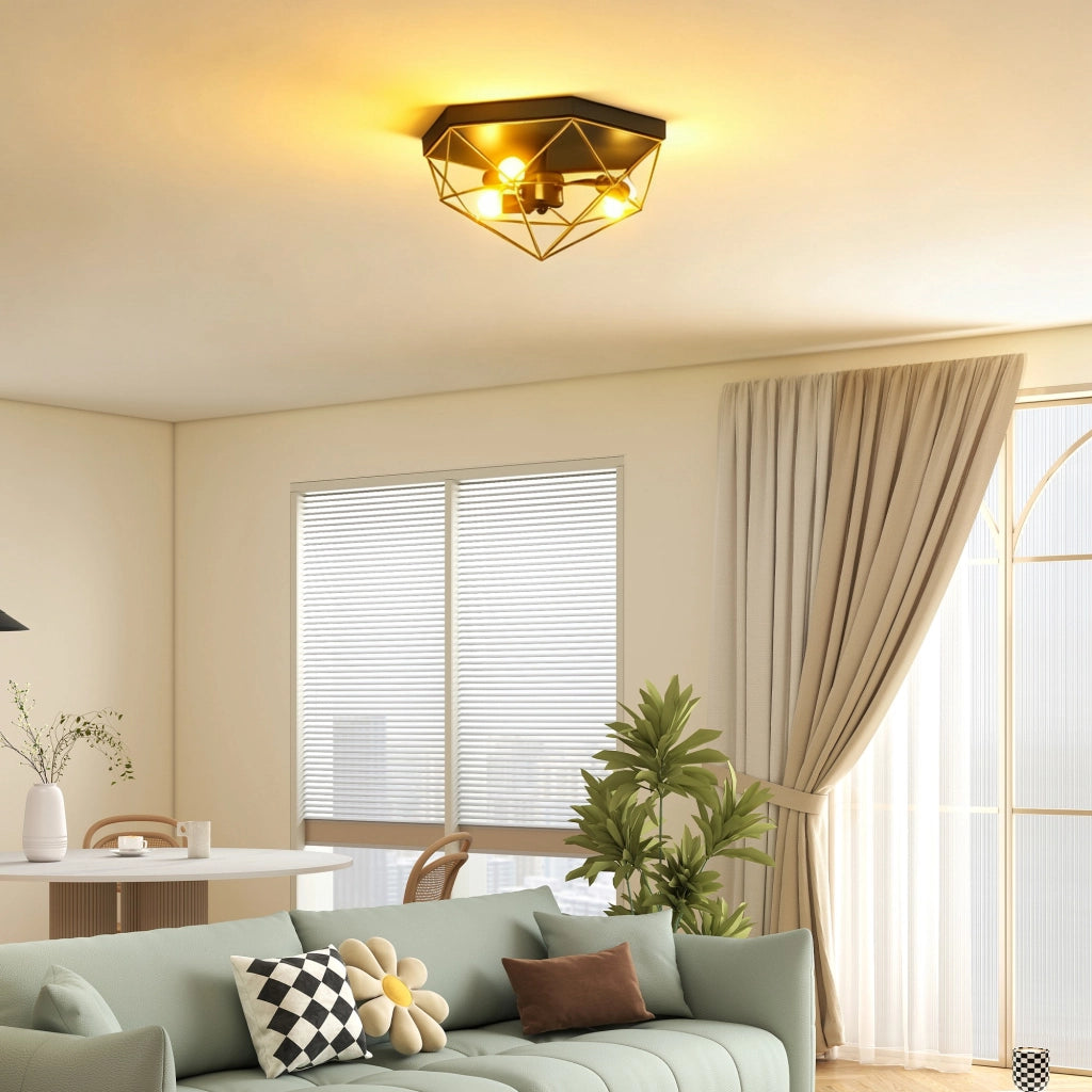 Lampada da Soffitto Industriale Geometrica a 3 Luci ¨C Minimal ¨C Nero e Oro
