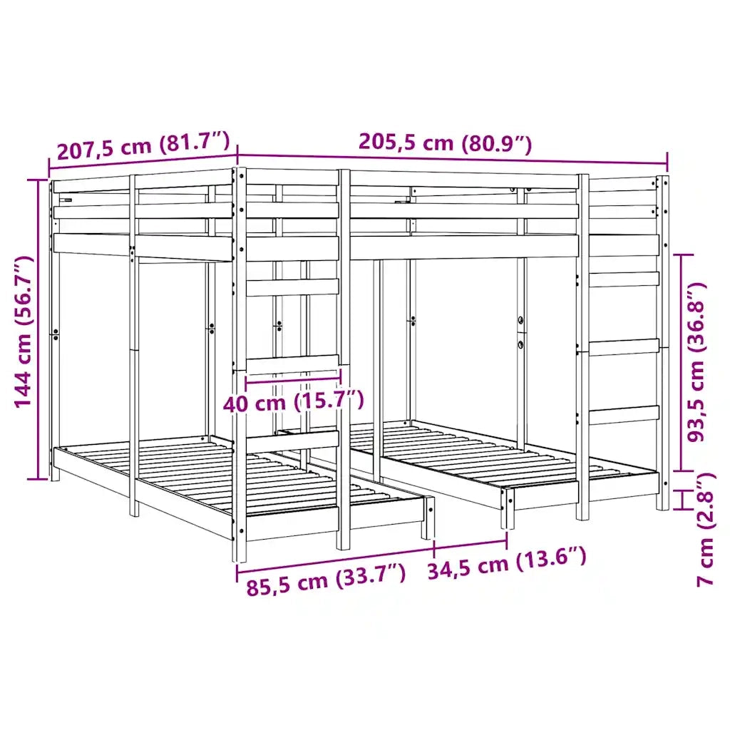 Struttura letto a castello triplo Bianco 200 x 200 cm 3414559
