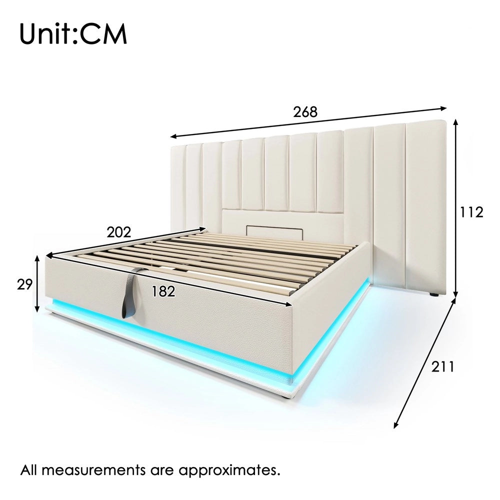 Letto Imbottito Contenitore Matrimoniale con LED e USB ¨C MINIMAL ¨C PU Bianco 180x200
