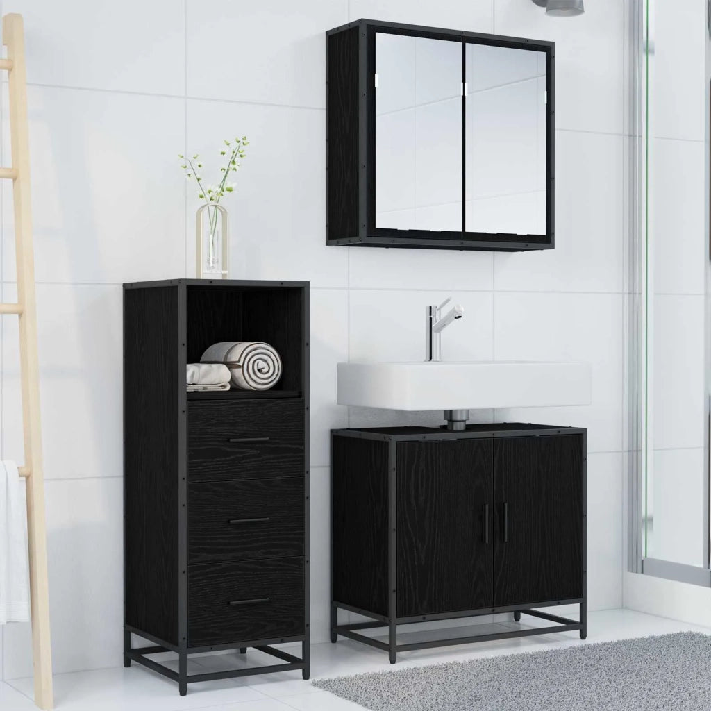 Set di mobili per il Bagno | Armadio da bagno 3 pz Rovere Nero Legno multistrato