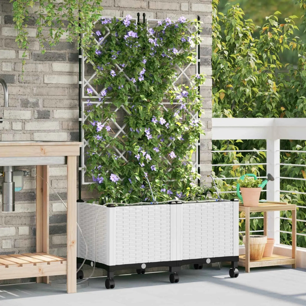 Vaso da Giardino con Irrigazione e Ruote 2 pz Bianco PP 3423008
