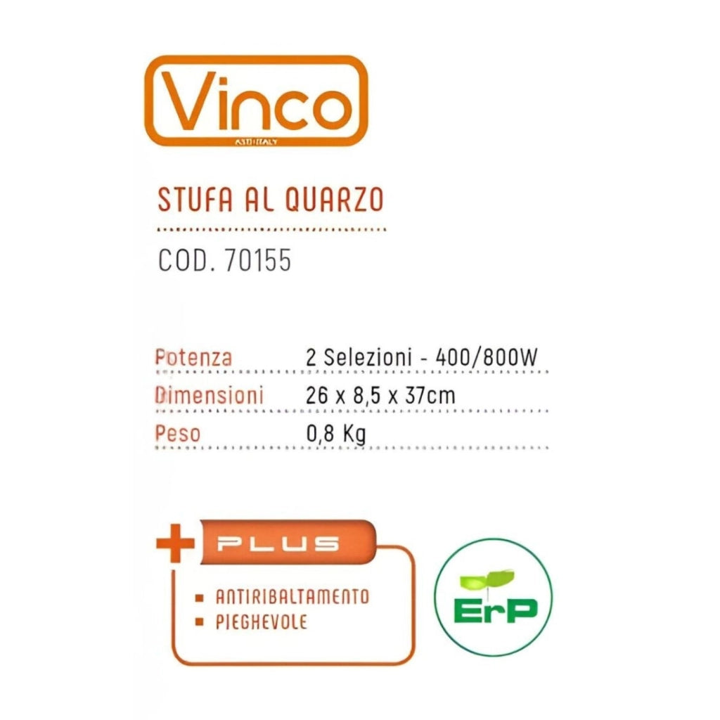 VINCO COD.70155 Stufa Al Quarzo 800W