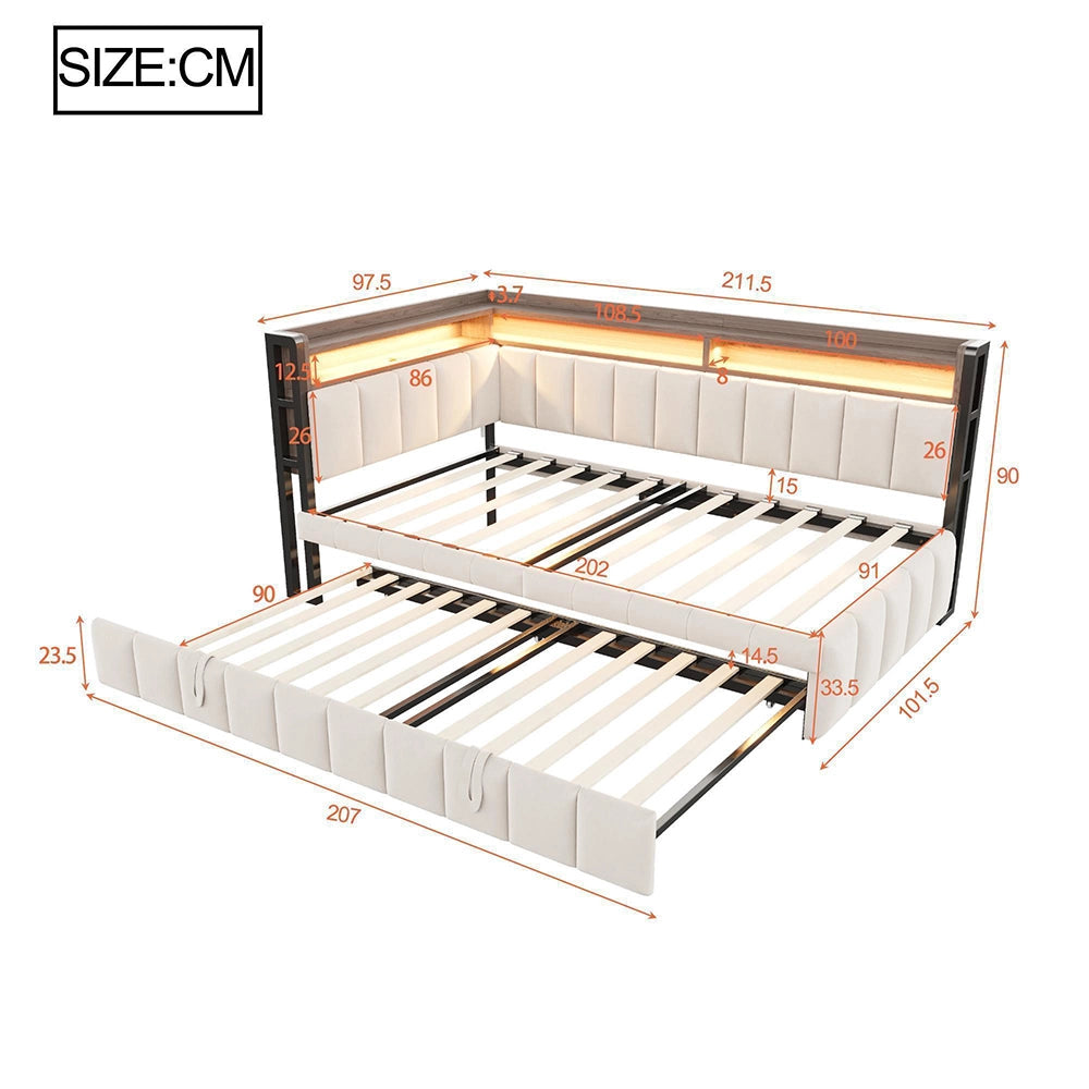 Divano letto 90x200cm?- Xylo - gigogne LED USB velluto beige