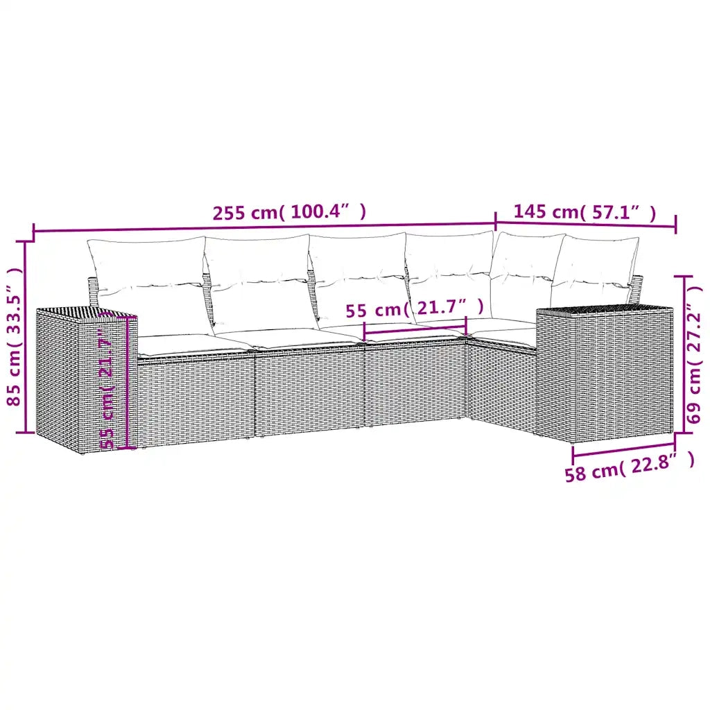 Set Divano da Giardino 5 pz | Set Salotto da Giardino con Cuscini Marrone in Polyrattan
