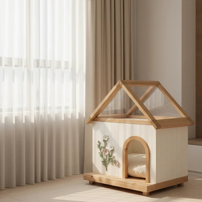 Casetta per Gatti e Cani Piccoli 68×55×80 cm in Legno Massello FSC® con Tetto in Acrilico Trasparente; Bianca