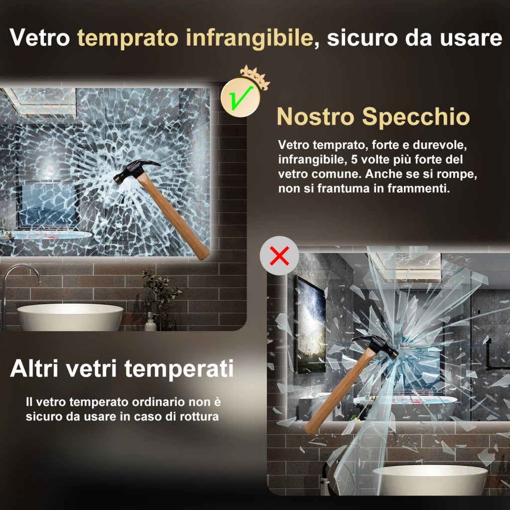 specchio 100 x 60 cm rettangolare con luce led antiappannamento e touch