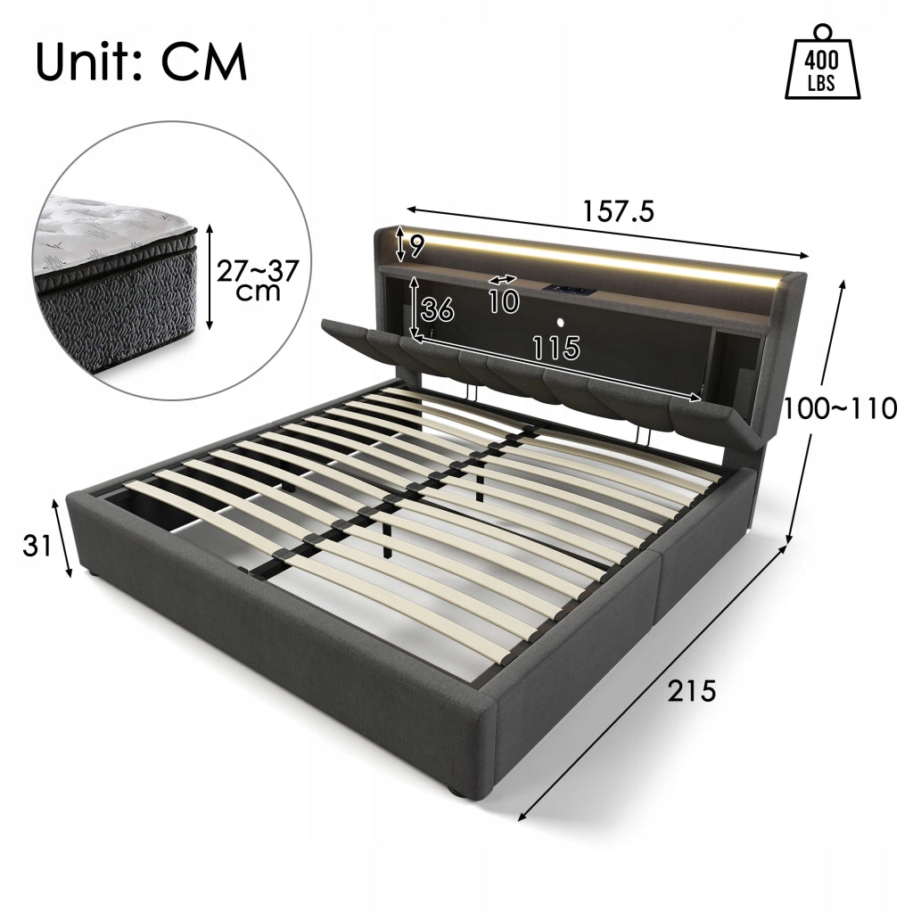Letto imbottito 140x200 grigio con USB e LED - Xylo