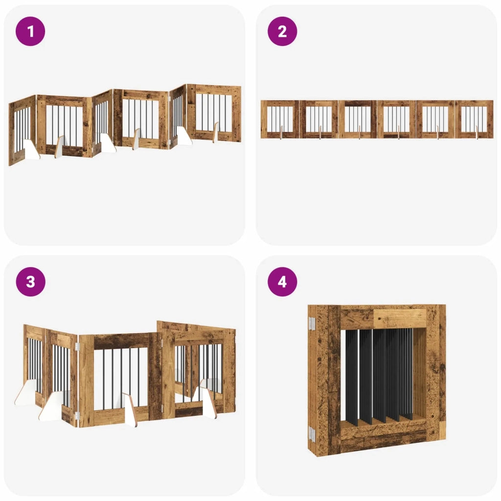 Cancello per cani pieghevole con supporti 6 pcs Legno antico 892161