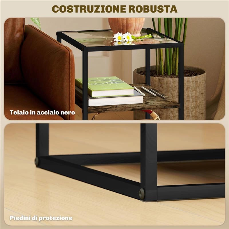 SET 2 TAVOLINI DA SOGGIORNO A 3 LIVELLI IN LEGNO E METALLO CON PIANO IN VETRO TEMPERATO 37X40X55.5 CM MARRONE