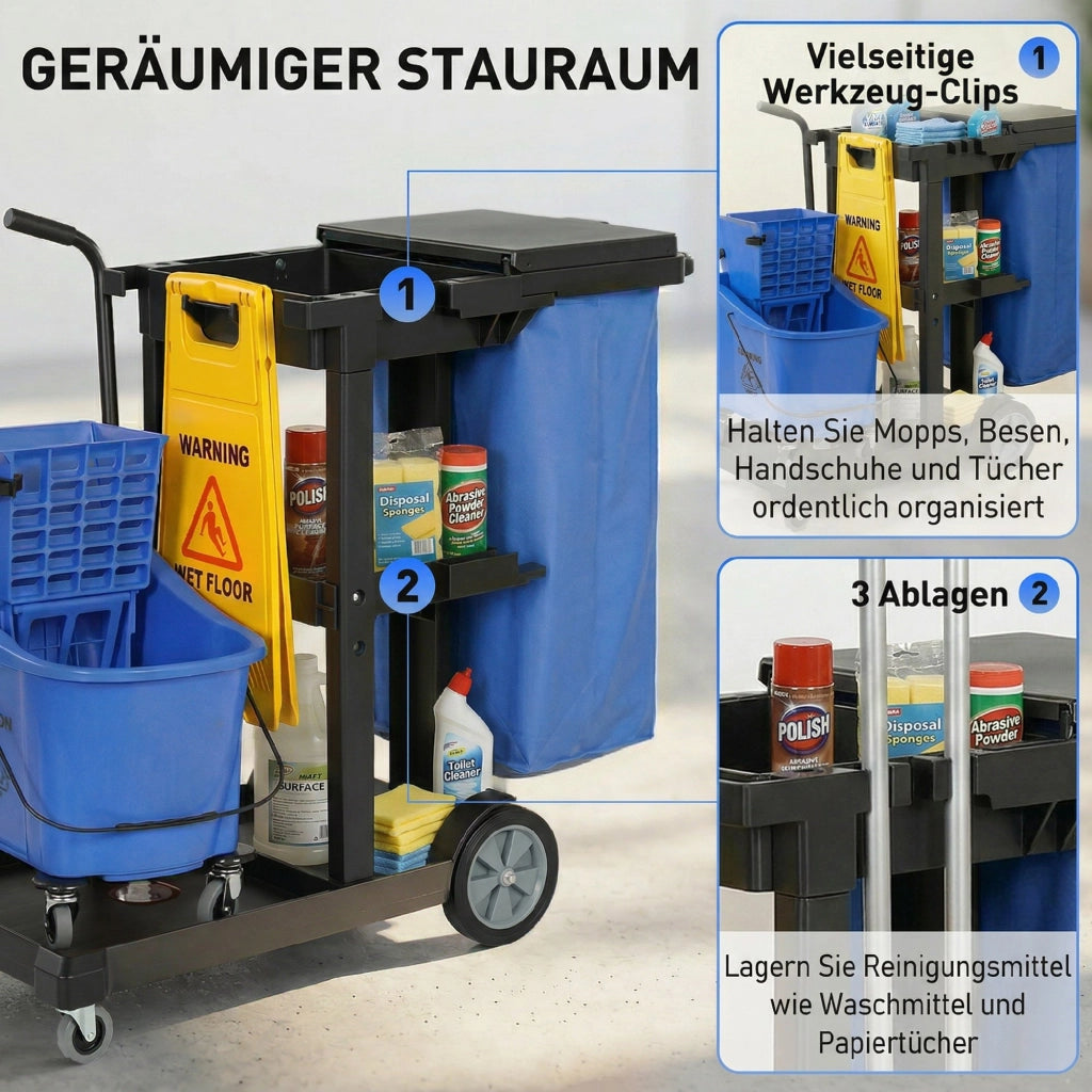 Carrello per Pulizia con 3 Ripiani e Secchio ¨C Minimal ¨C Blu