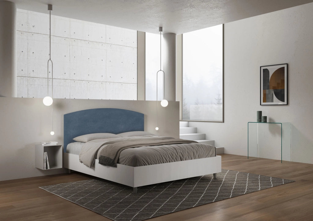 BS COM Letto matrimoniale con rete 160x200 bianco frassino testata microfibra blu