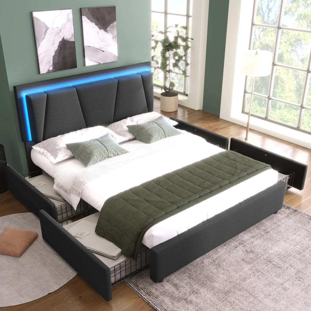 Letto Imbottito con LED e Cassetti ¨C MINIMAL ¨C Grigio, Testiera Regolabile, 140x200