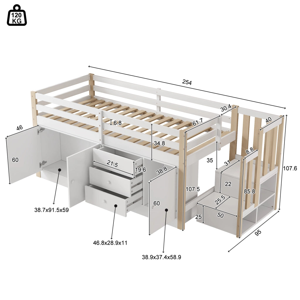 Letto a soppalco per bambini 90x200 cm bianco in MDF con scale; cassetti e armadi
