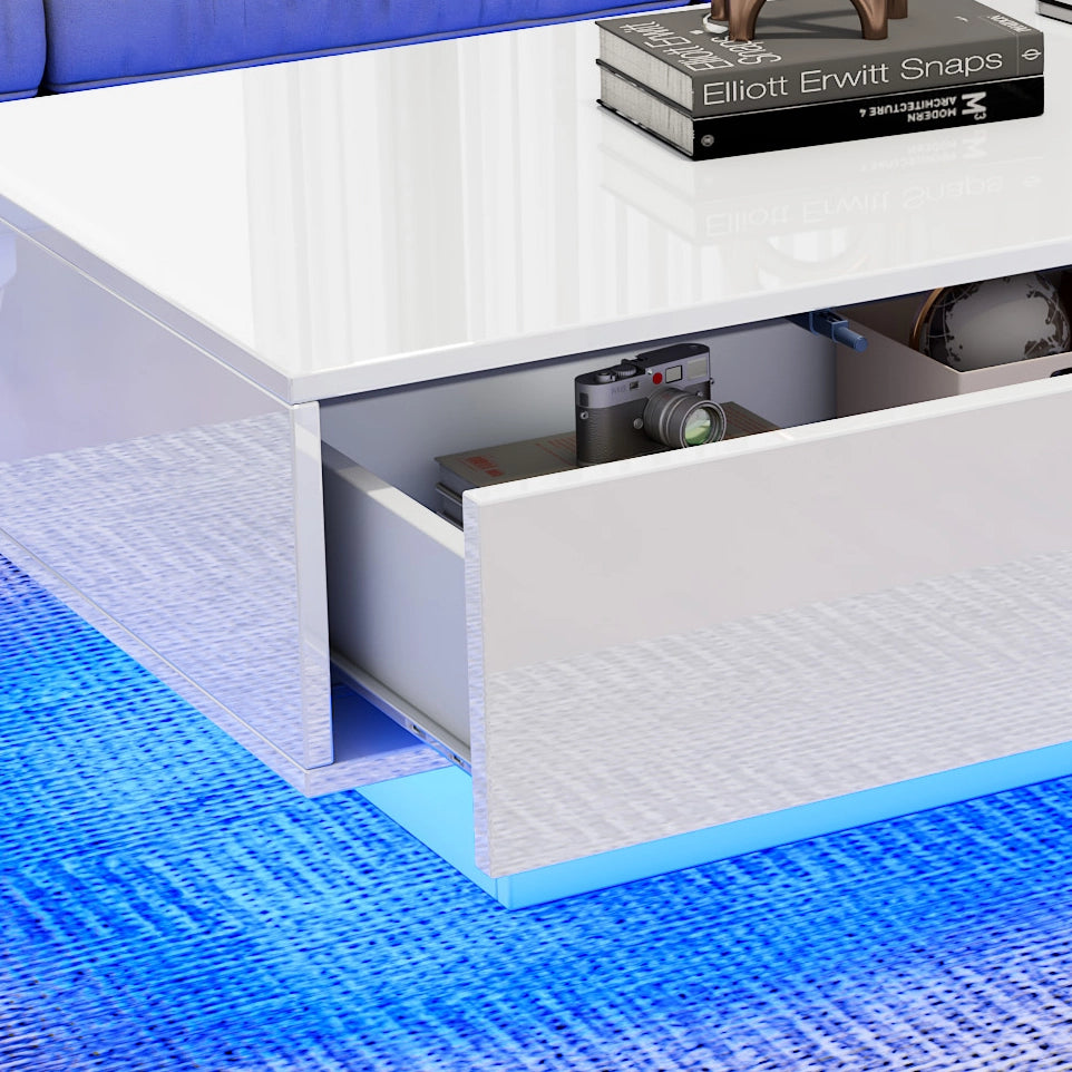 Tavolino da Caff¨¨ con LED e Cassetti ¨C MINIMAL ¨C Bianco Lucido 115x55x34