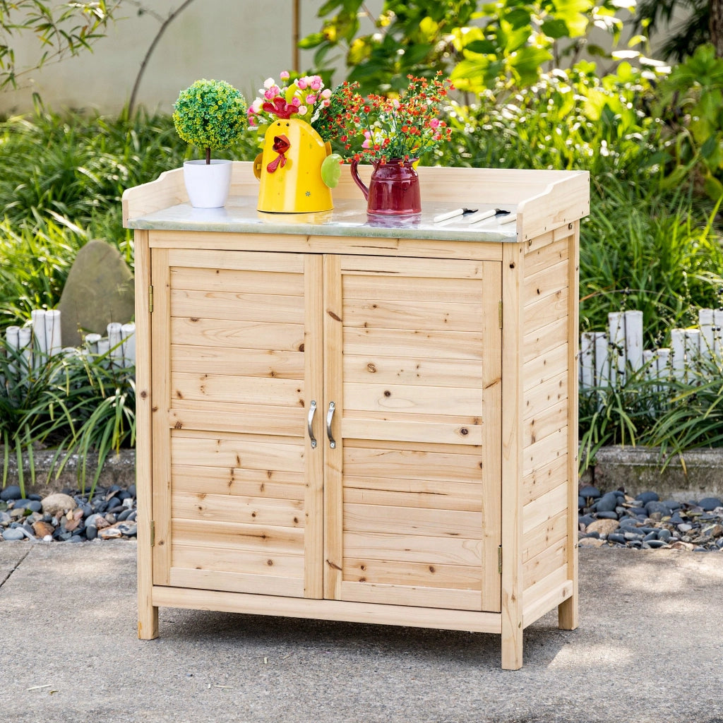 Mobile da giardino con 2 scomparti e piano di lavoro in metallo ¨C Xylo ¨C legno naturale 83x40x92 cm
