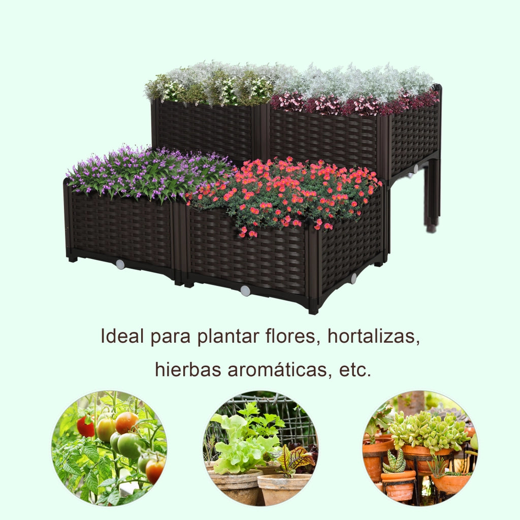 Set 4 Fioriere Quadrate da Giardino ¨C Xylo ¨C Effetto Rattan Marrone 40x40x26/44 cm