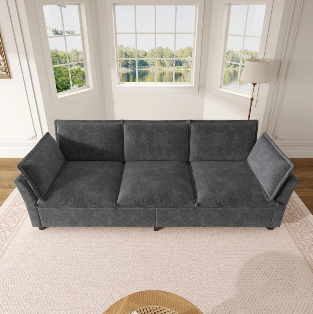 Divano modulare a 3 posti 220 cm in chenille grigio; con 2 cuscini bracciolo e struttura in metallo