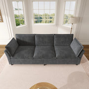 Divano modulare a 3 posti 220 cm in chenille grigio; con 2 cuscini bracciolo e struttura in metallo