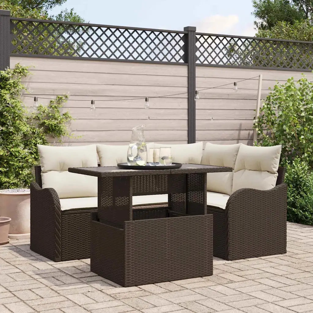 Set da pranzo per esterni con cuscino 5 pcs Marrone Poly Rattan 3348454