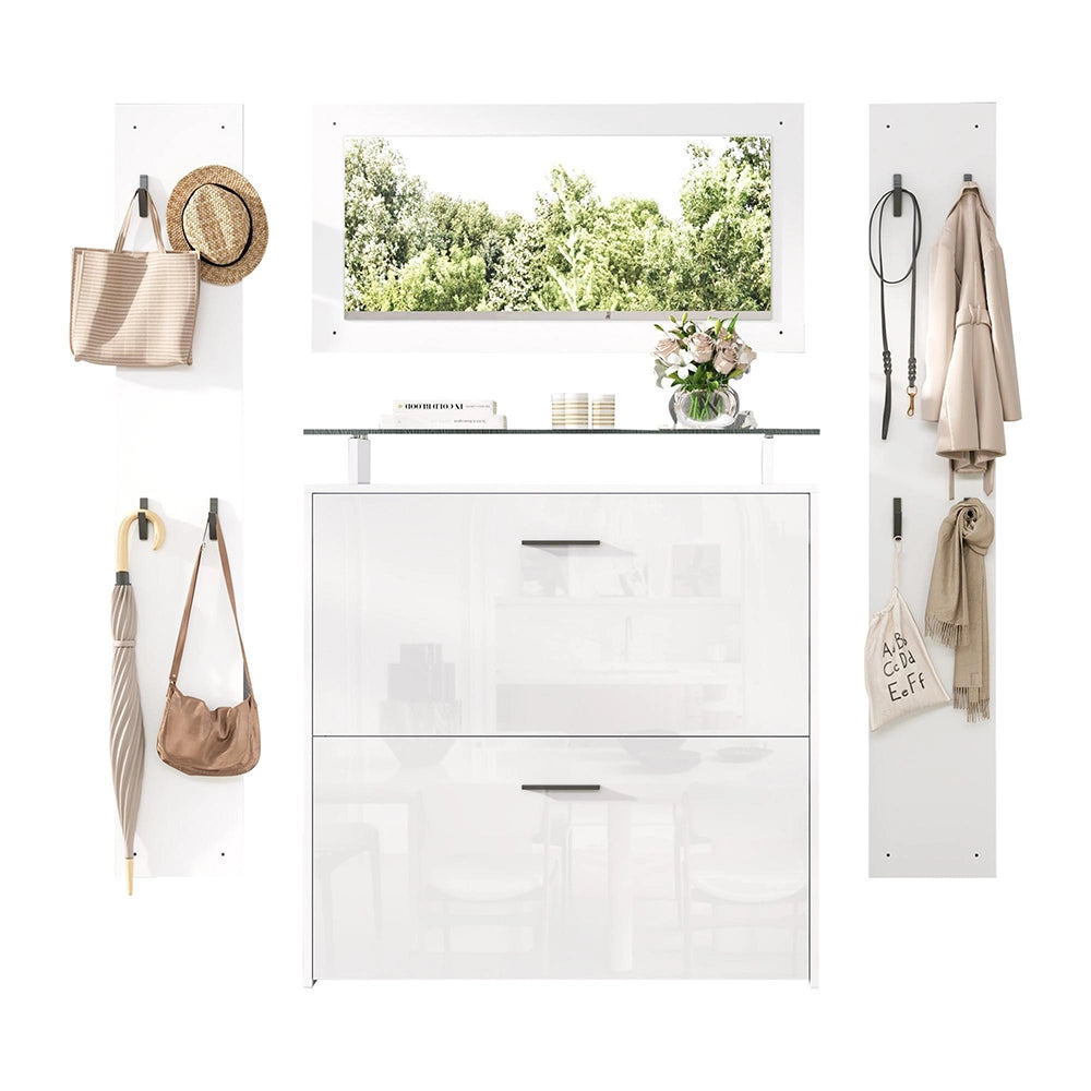 Set Ingresso 4 Pezzi 89.5x23x96.5cm - Xylo - con Specchio e Appendiabiti, Bianco