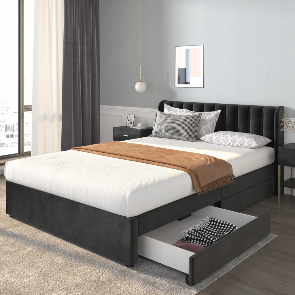 Letto imbottito 140x200 - Xylo - Velluto con 2 cassetti