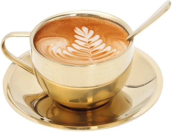 Set di Tazze da Caffè in Acciaio Inossidabile da 6 - Design Ergonomico - Tazza con Coperchio in Oro - Inclusa Cucchiaino da Tè - Dimensioni Compresse 10 x 8 x 5 cm - Set di Tazze da Caffè