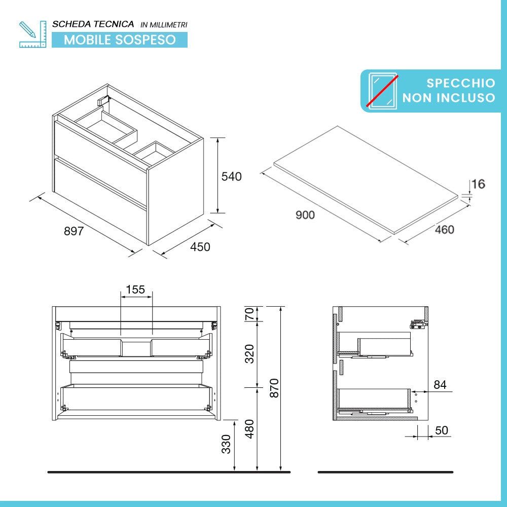 Mobile bagno sospeso 90 cm noce maya con top per lavabo da appoggio Gaya