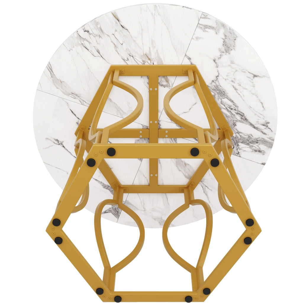Tavolo da pranzo rotondo 100x100x76 cm in MDF e metallo; bianco e oro