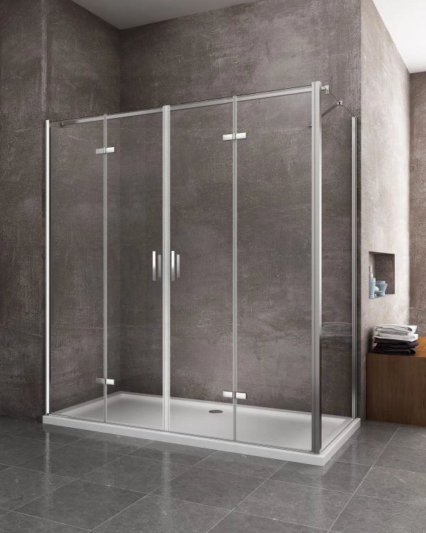 Box cabina doccia con ingresso libero apertura a libro pieghevole e lastra fissa reversibile H 190 cromo trasparente anticalcare misure  67,5-70 Fisso + Porta 108,5-112