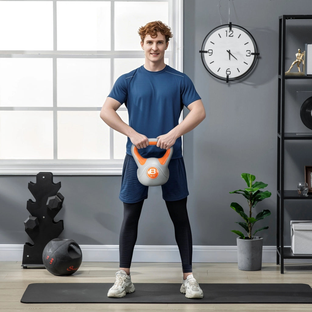 Kettlebell 8 kg ¨C Xylo ¨C Rivestimento PU Riempimento Sabbia 20x14x24 cm Arancione Grigio