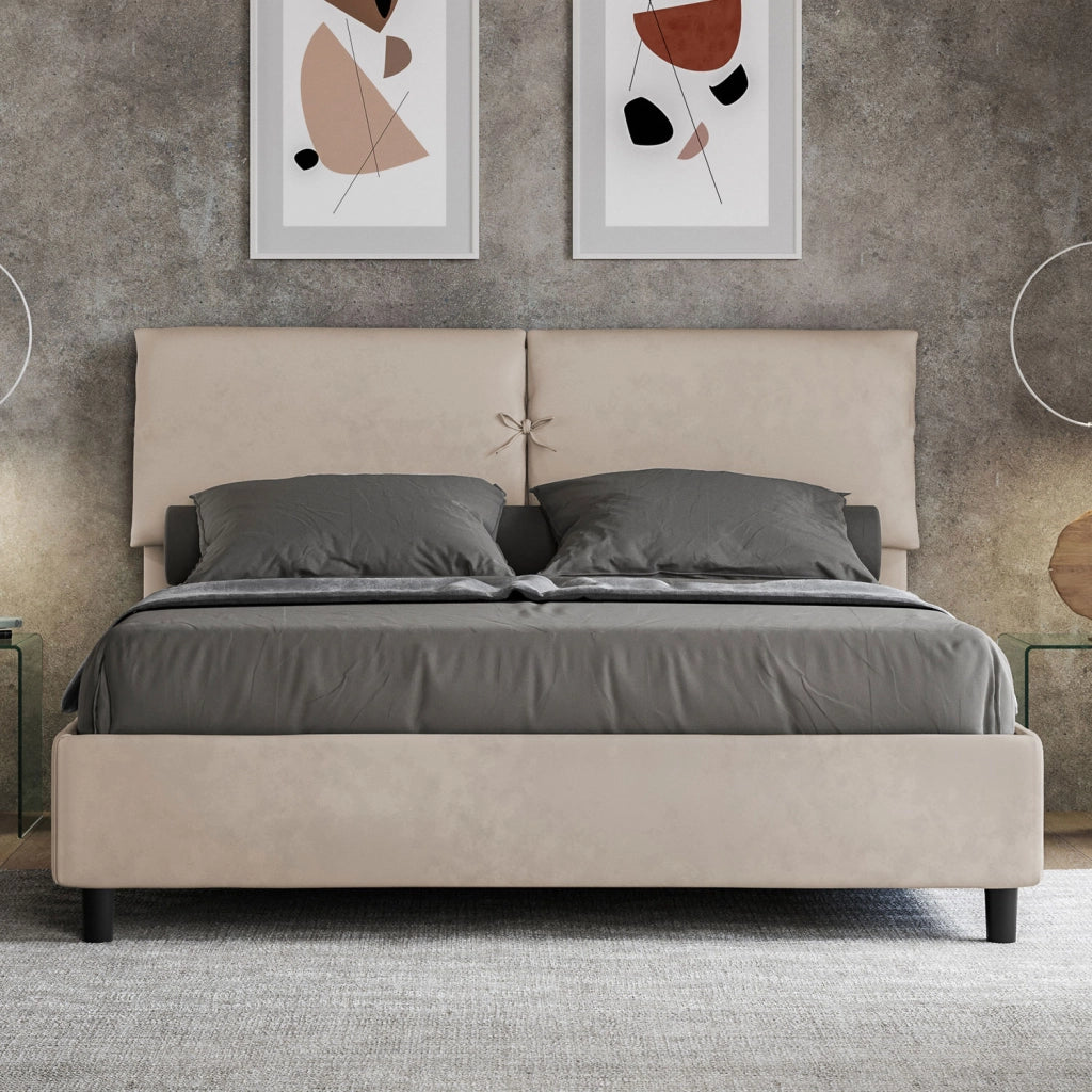 BS COM Letto matrimoniale contenitore imbottito 160x210 microfibra sabbia