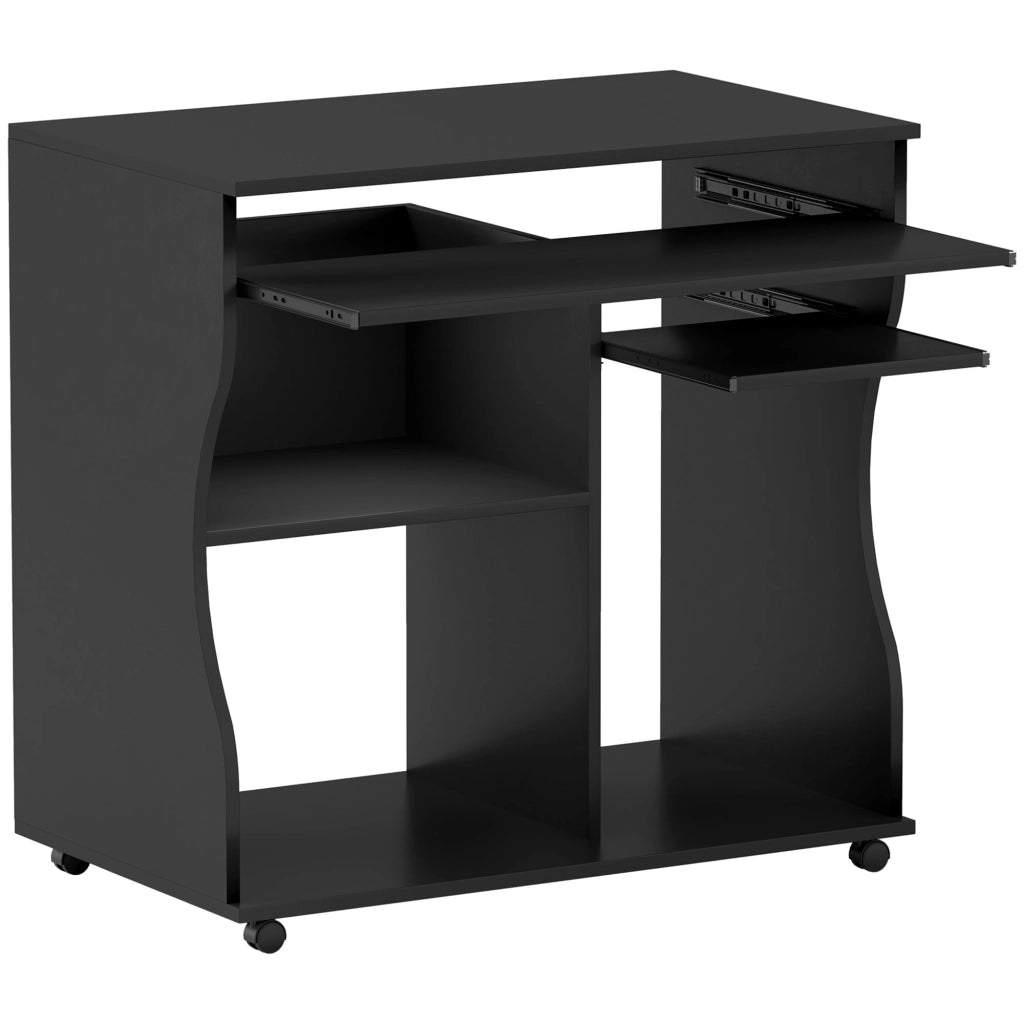 Scrivania per PC nera con ruote e vassoio tastiera, 80 x 48 x 75 cm