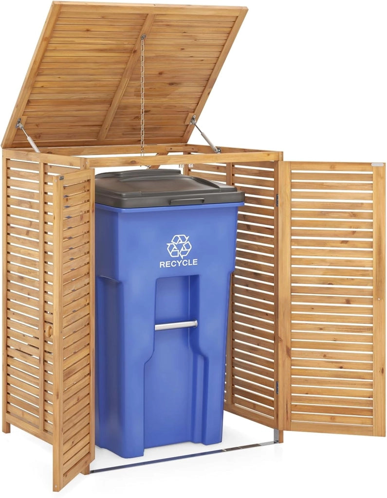 Box Portabidone dei Rifiuti in Legno 120L, Copribidone per Spazzatura con Coperchio Apribile, Doppia Porta e Serratura, Contenitore per Pattumiera da Giardino, Cortile e Terrazza