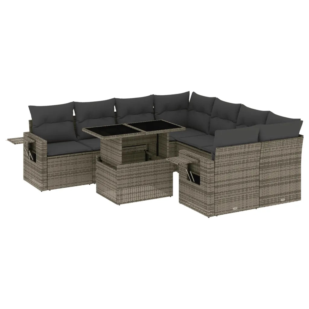 Set Divano da Giardino 9 pz con Cuscini Grigio in Polyrattan