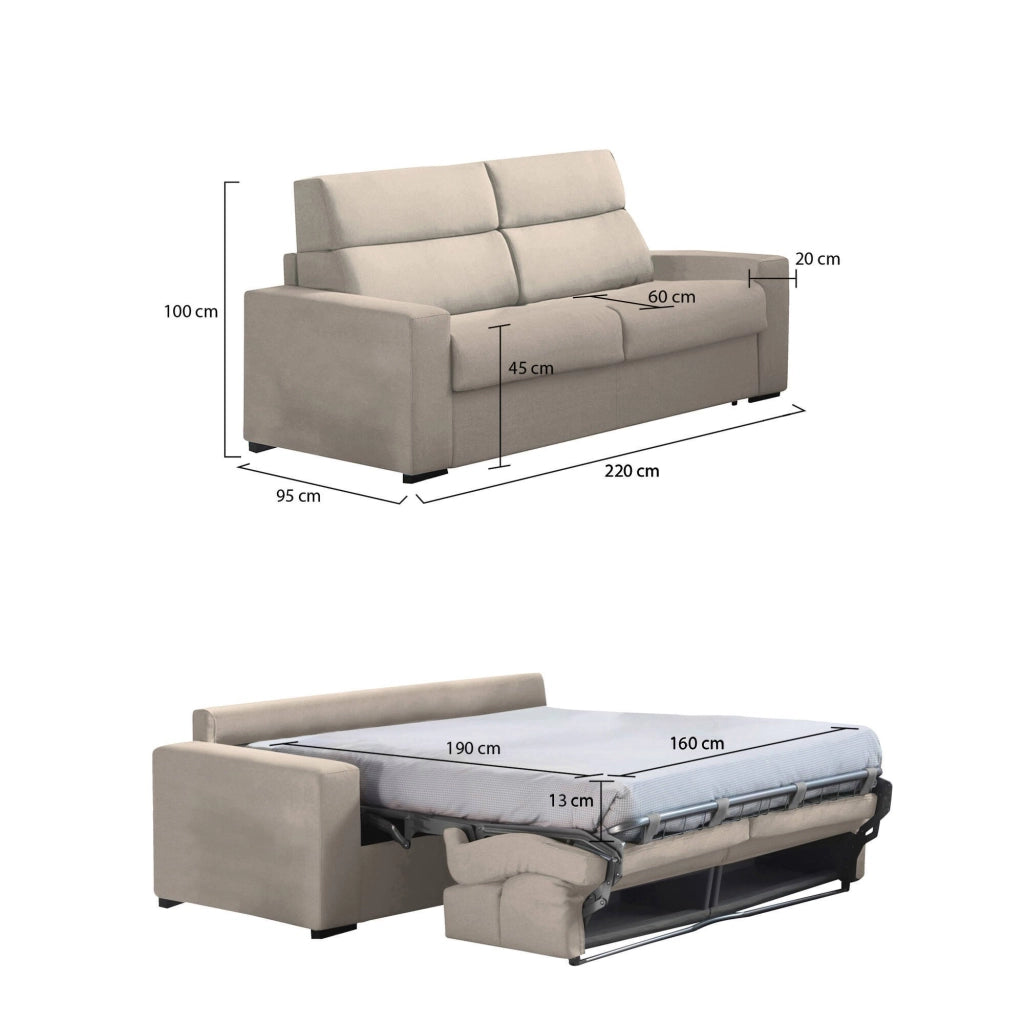 Marcon, Divano Letto 3 Posti Sfoderabile Made in Italy, 220x95 cm Grigio Tortora