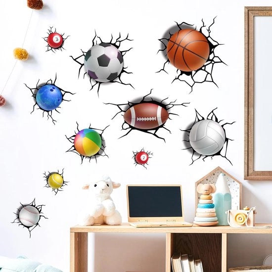 Decorazione per stanza dei bambini - Sticker 3D Sport - Pallacanestro/Cricket/Pallavolo - Decorazione per camera da letto dei bambini - Decorazione per classe - Rimovibile e autoadesivo
