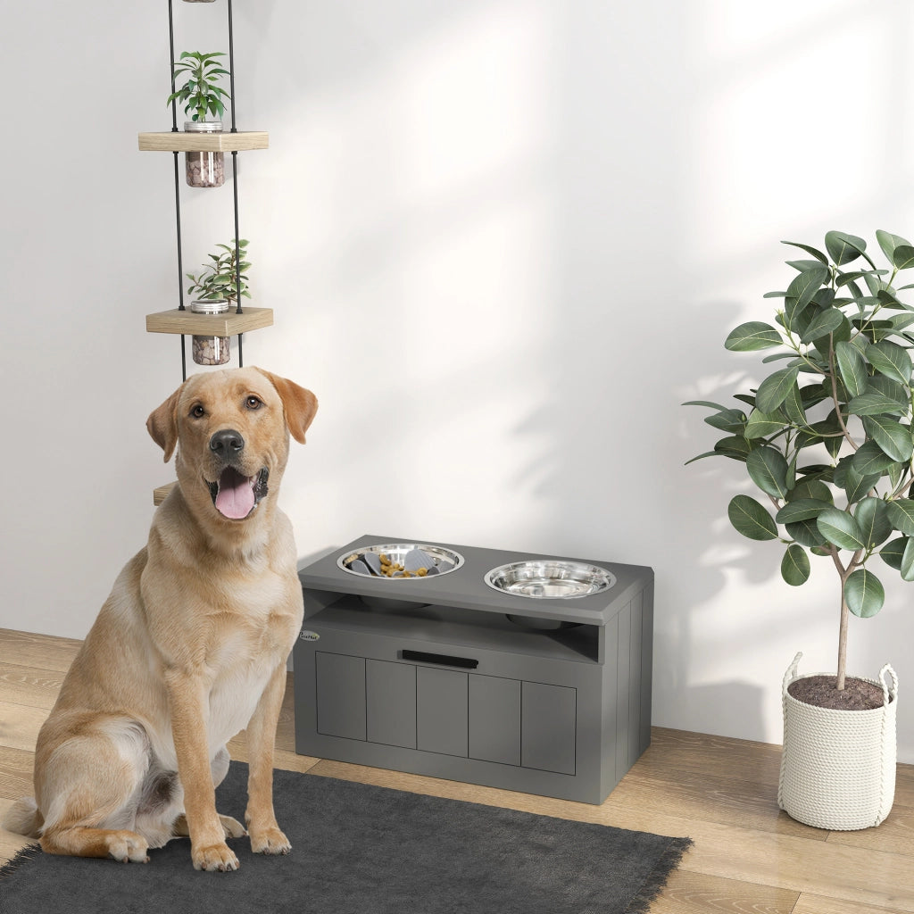 Ciotole per cani, stazione di alimentazione rialzata con 2 ciotole in acciaio inox, tappetino anti-inghiottimento, supporto per ciotole con vano