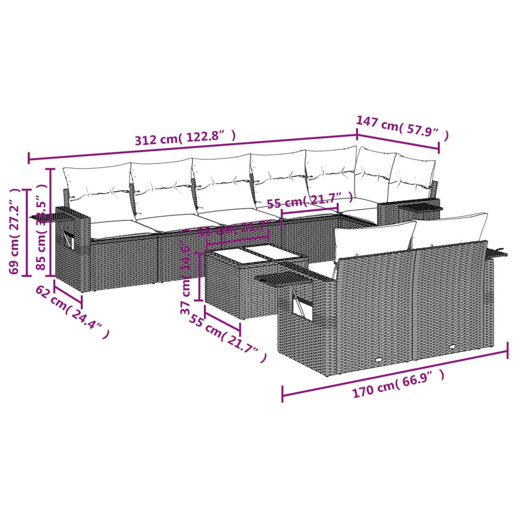 Set Divani da Giardino 9 pz con Cuscini Nero in Polyrattan 3252763