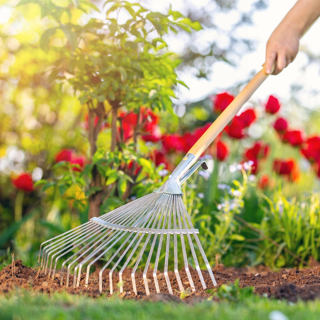 Rastrello per foglie KADAX da giardino con manico in legno, 164 cm, regolabile, a forma di ventaglio