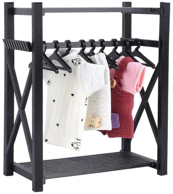 Armadietto per bambole 15 x 8 x 18 cm - Plastica - Set di mobili per bambole 11 pezzi - Ganci per capi - Accessori di archiviazione - Nero - Mobili per bambole
