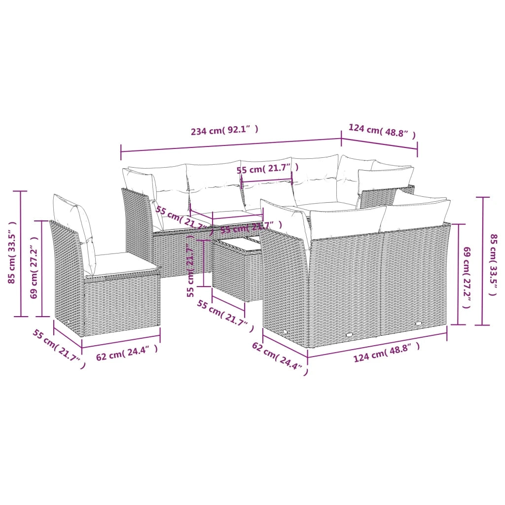 Set Divano da Giardino 9 pz con Cuscini Beige in Polyrattan 3249777