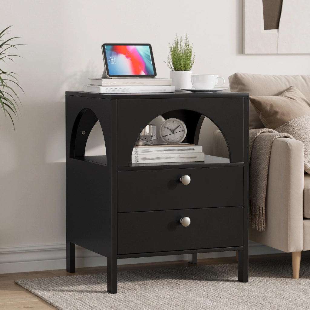 COMODINO moderno 45 x 40 x 58 cm nero con 2 cassetti e 1 vano aperto