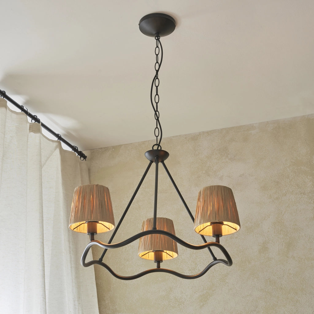 Lampadario WRIGGLE anello ondulato 3 luci rafia nero opaco