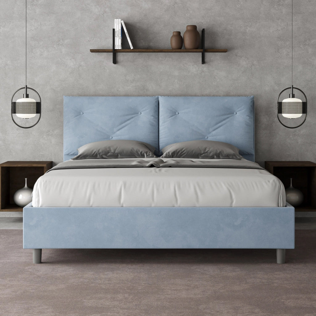 BS COM Letto matrimoniale contenitore doppia alzata imbottito 160x190 microfibra azzurro
