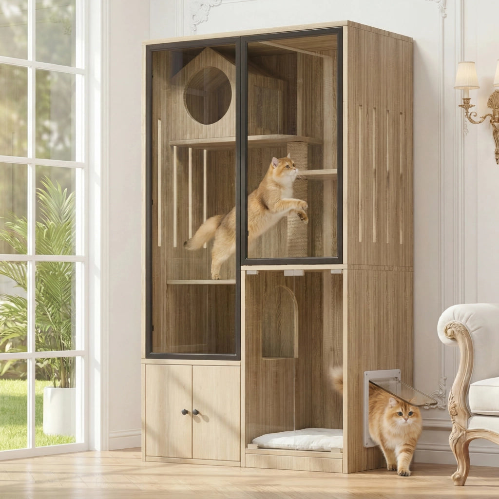 Casetta per gatti da interno con più livelli e porta bloccabile in MDF e vetro effetto legno naturale 90 × 50 × 160 cm