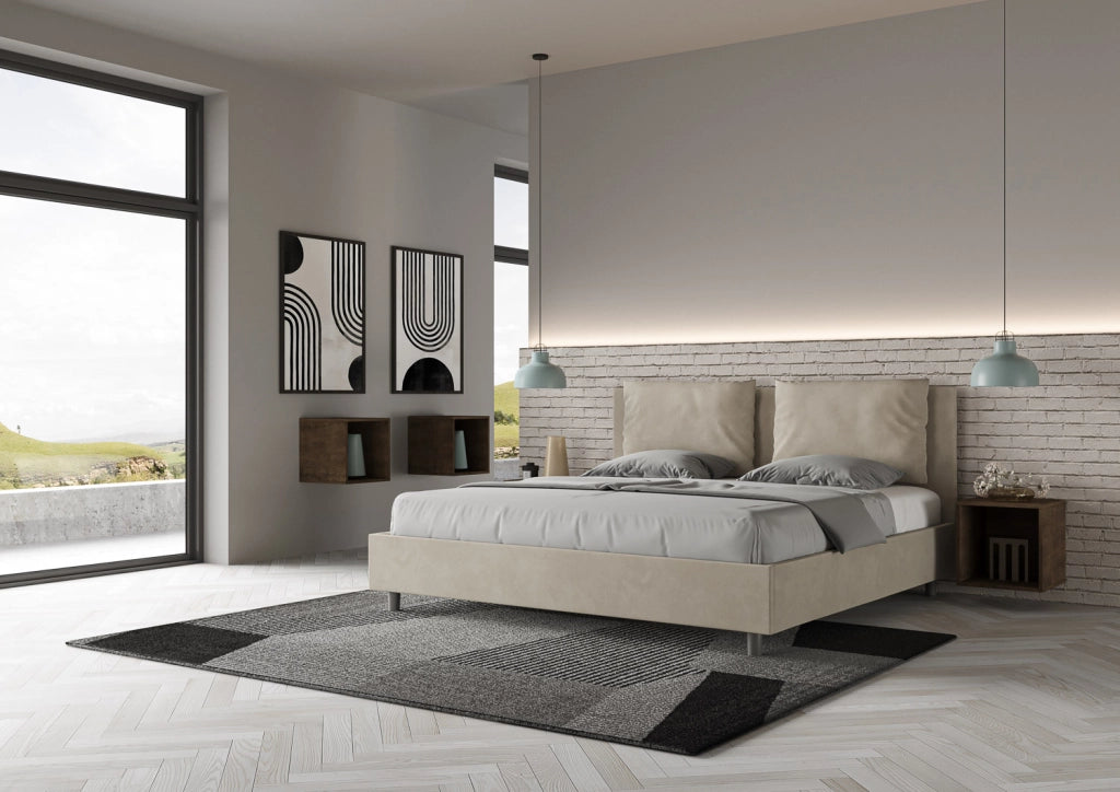 BS COM Letto matrimoniale king size senza rete imbottito 190x210 microfibra sabbia