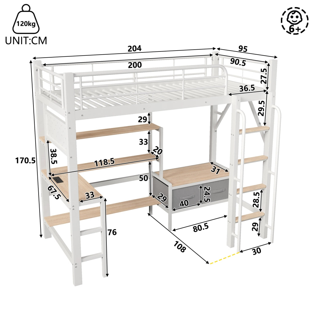 letto a castello metallo e mdf bianco 90 x 200 cm
