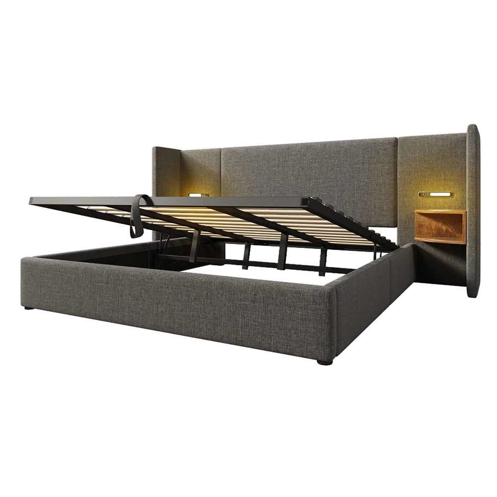 Letto imbottito con cassone - Xylo - 180??200 cm - Grigio Lin - Comodino con luce e USB Type-C